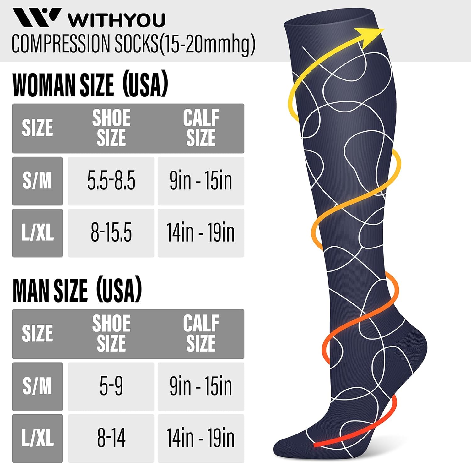 WITHYOU 3 Pairs Compression Socks for Women & Men 15-20 mmHg,Best Support for Nurses Running Hiking - Image 7